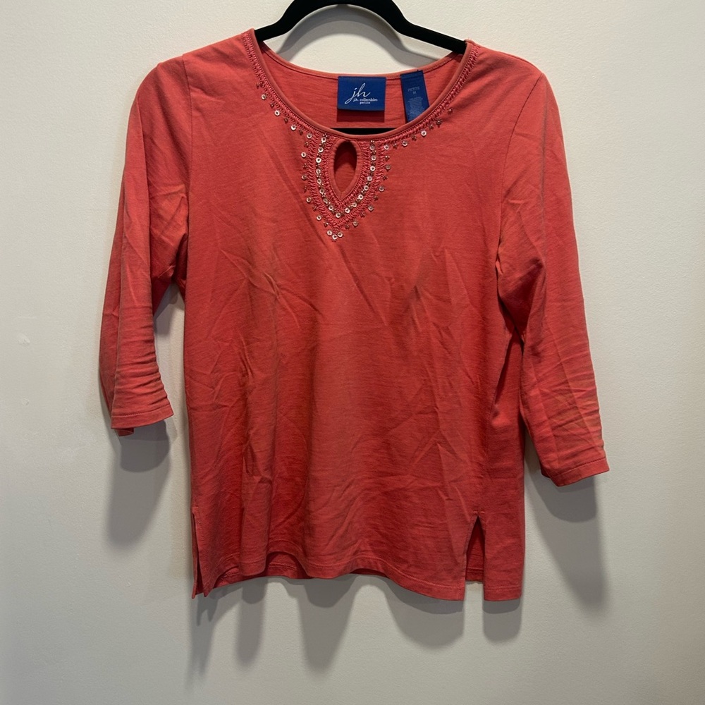 54. JH Collectibles Red Blouse with Beaded Keyhole